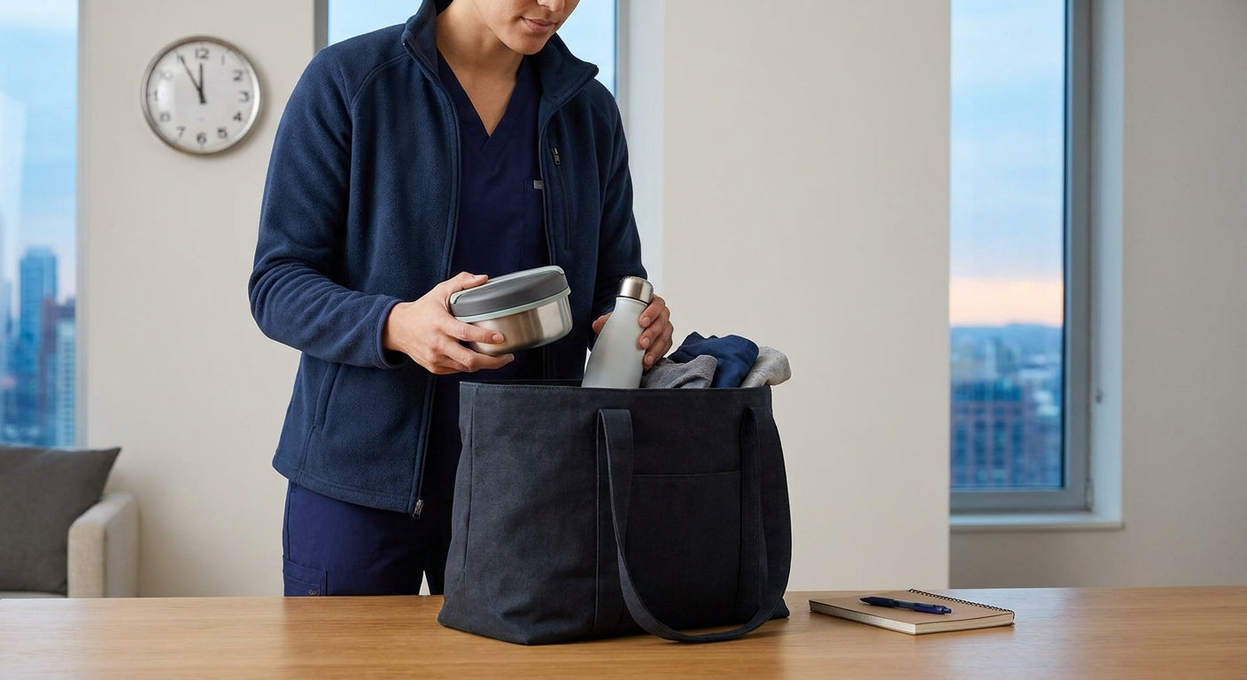 Eine Person packt ihre Tasche, um sich auf einen 24-Stunden-Dienst vorbereiten: Die praktische Checkliste für lange Dienste umzusetzen. Fokus auf gesunde Ernährung und Organisation.